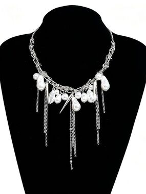 Anthropologie Silver-Tone Pearl Fringe Necklace